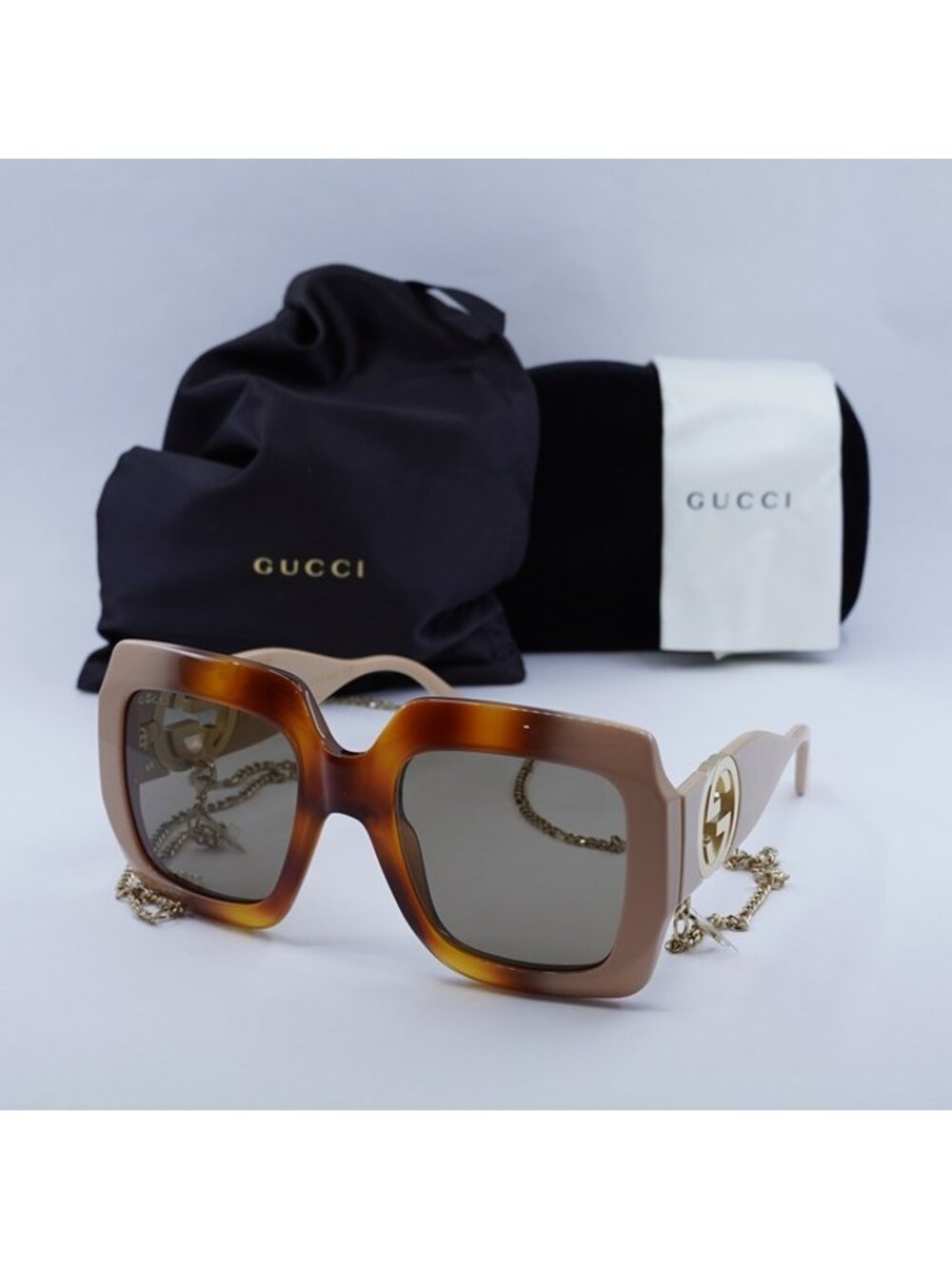 Gucci GG1022S 003 Sunglasses Shiny Havana Gradient Ivory Square Frame - Picture 12 of 12